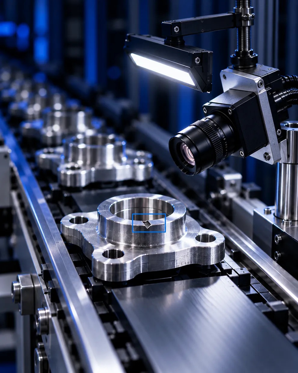 Ispezione visiva di componenti industriali con una zona anomala evidenziata.