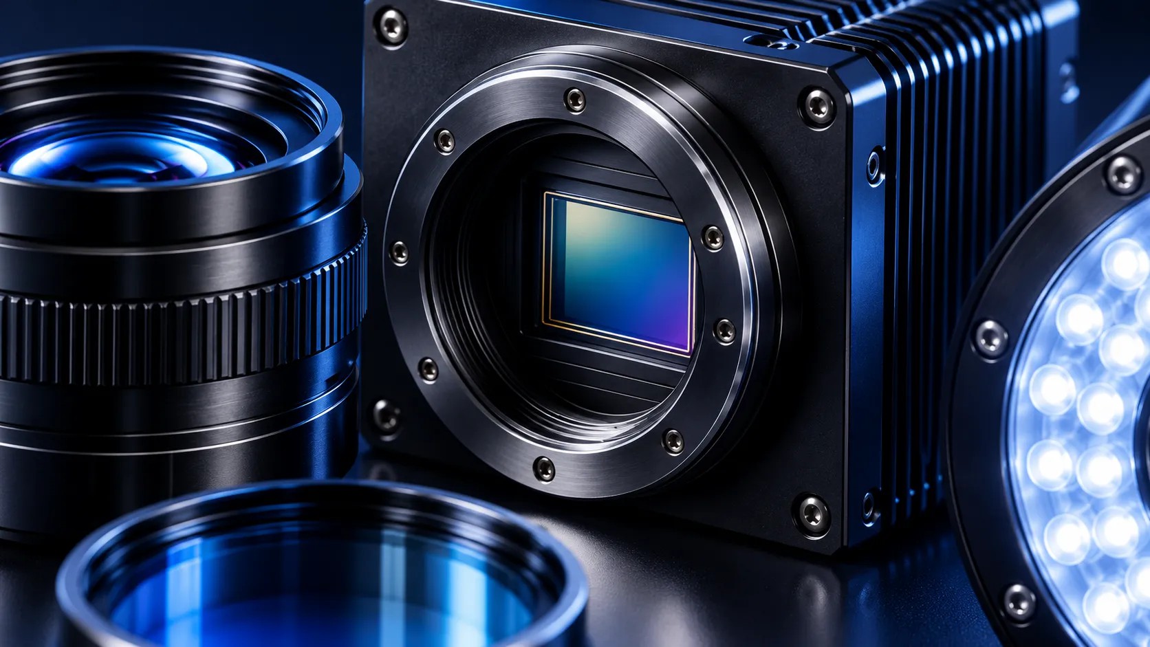 Camera industriale con sensore a vista, obiettivi e illuminatore ad anello su fondo blu notte.